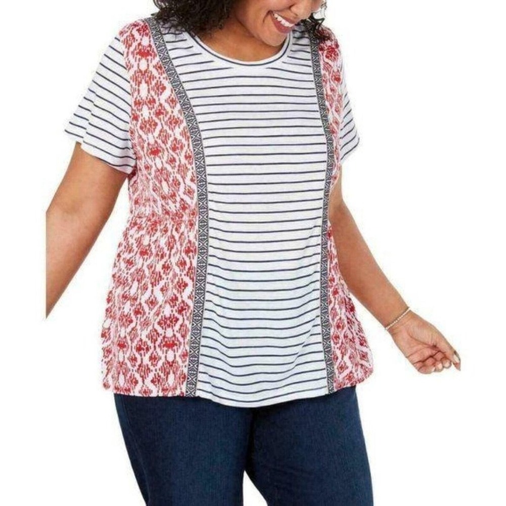 Style & Co Shirt 1X NWT Embroidered Mix Print Tee Red White Striped Boho Blouse